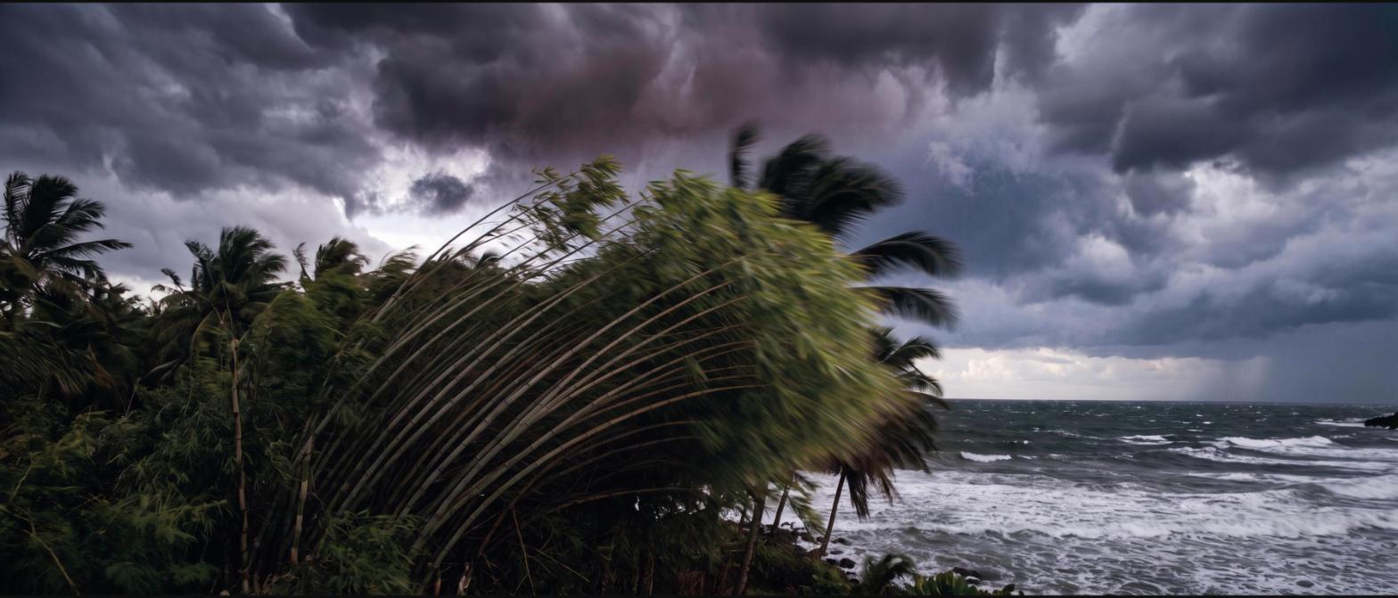 Tall bamboo bending steeply in strong storm wind with palms thrashing behind under a dark sky