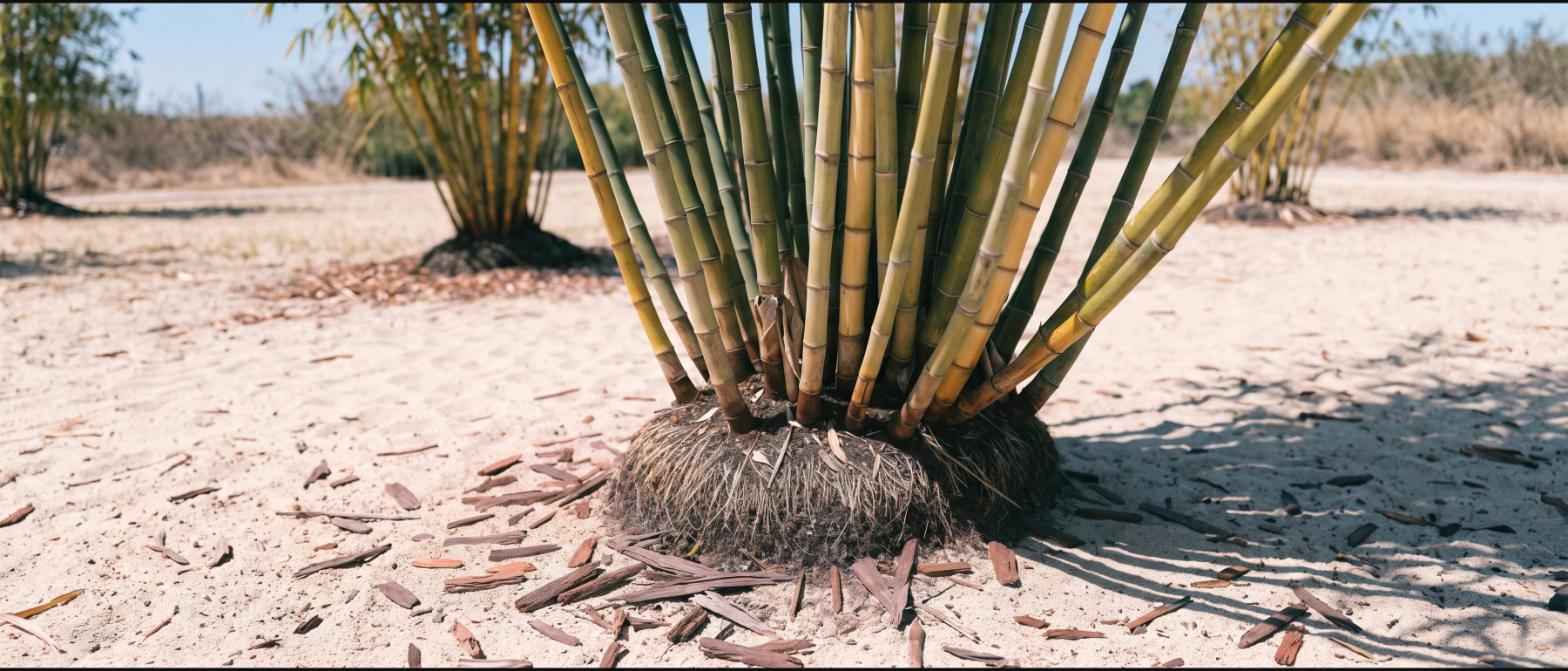 Close-up of a clumping bamboo base in pale sandy soil with bark mulch, many culms rising from one compact crown