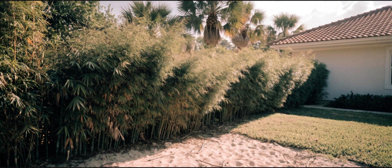 A tall dense clumping bamboo hedge along a Florida property line with sabal palms and a tile roof behind